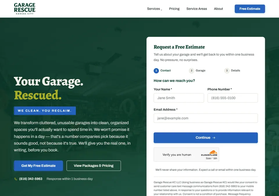 The Garage Rescue KC website, with service information and a guided estimate form.